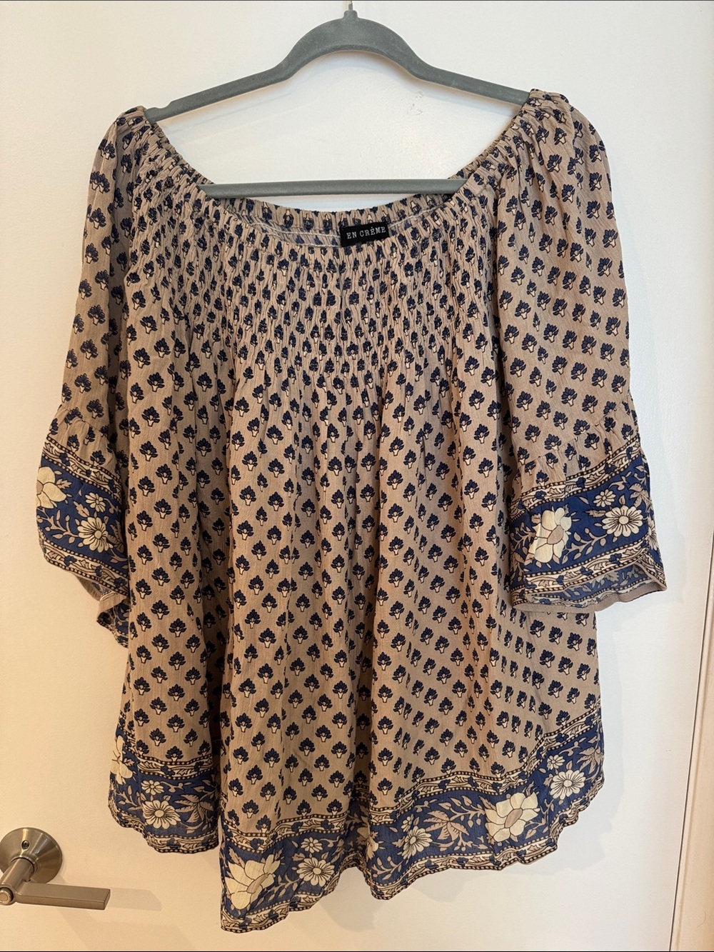 En Creme Beige and Navy Printed Peasant Tunic